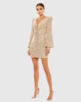 Gold Sequined Structured Bishop Sleeve Mini Dress